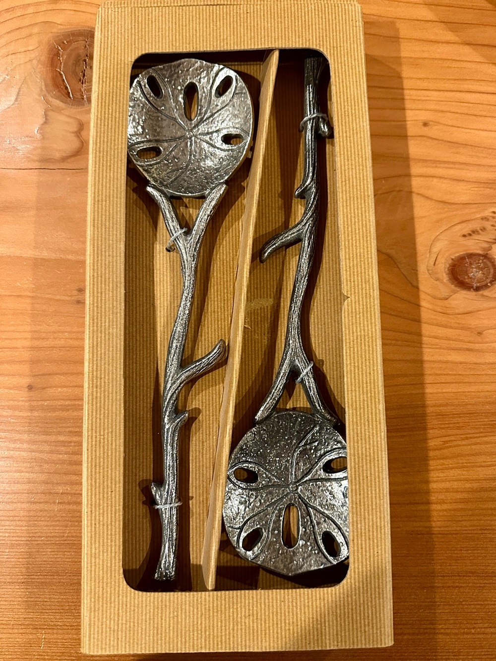 NEW Pottery Barn Sand Dollar Salad Servers Set Twig Handles Coastal Serving NIB